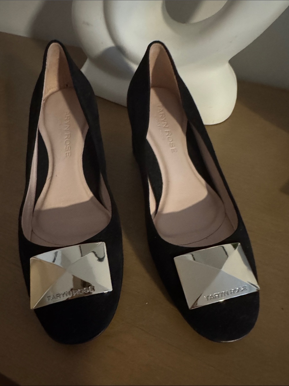 Taryn Rose Black Suede Pumps with Silver Accent Buckle